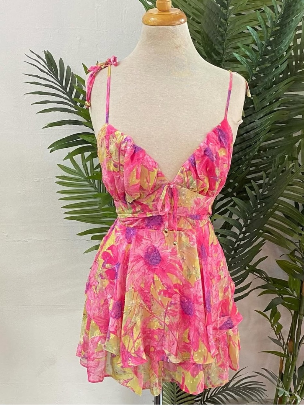 NWT Akira Pink Floral Tie-Shoulder Mini Romper